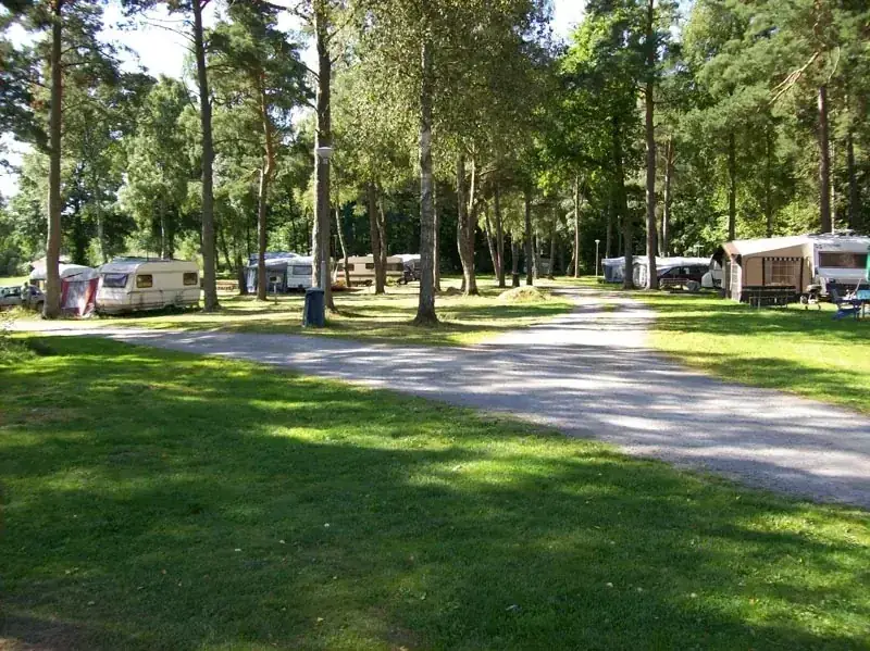 Skogig campingplats med husvagnar och förtält